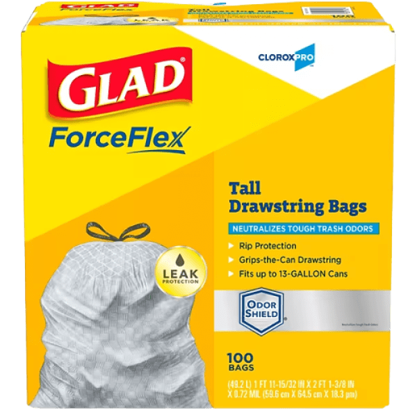 CloroxPro Glad ForceFlex 13 Gallon Tall Kitchen Trash Bag, 23.75" x 24.88", Low Density, .72 mil, Gray, 100/Box (70427)