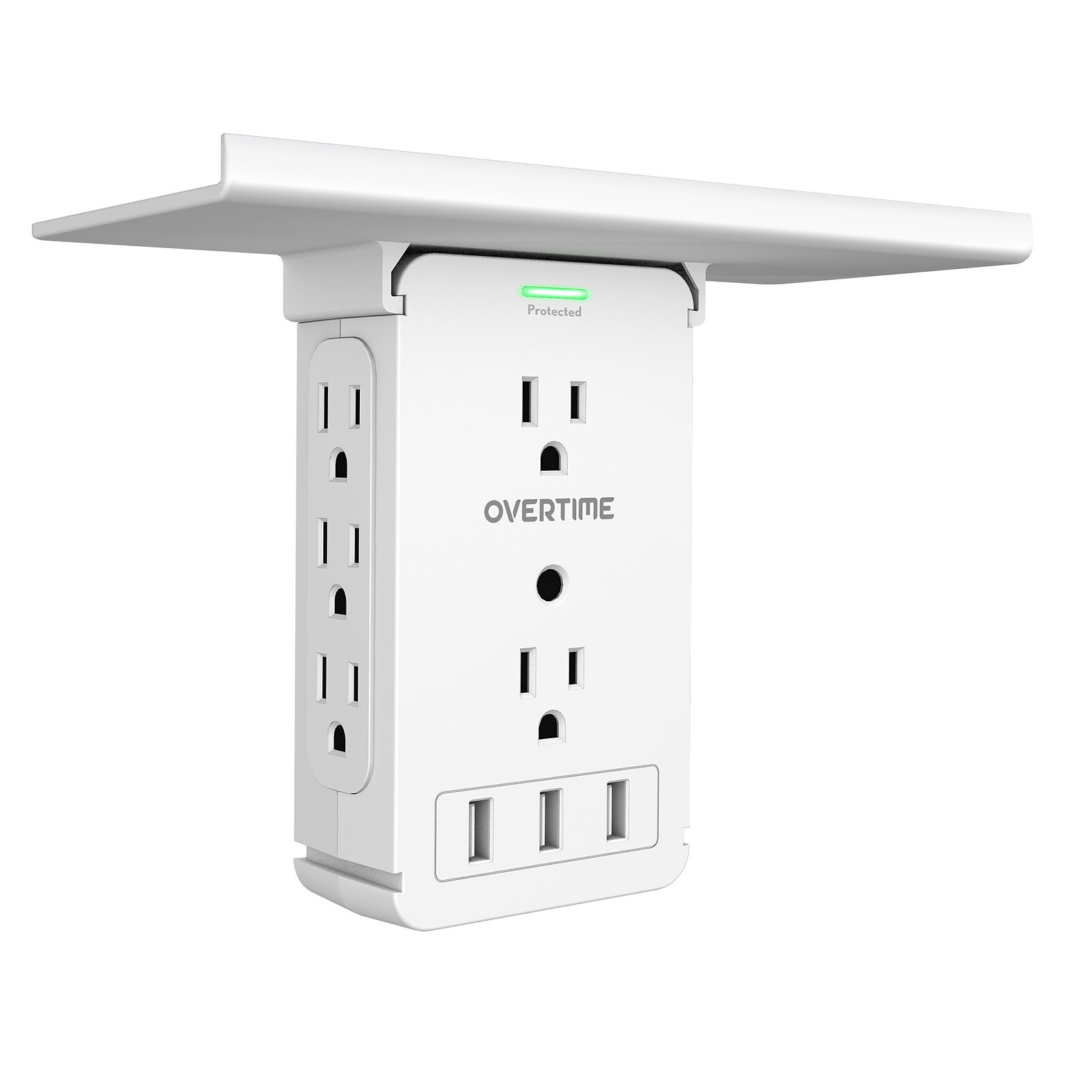 Overtime Wall Outlet Shelf, 8 Outlets and 3 USB Ports, Surge Protector, White (OTWP8O3USB)