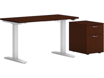 HON Mod 60W Adjustable Standing Desk with Mobile Storage, Traditional Mahogany (HLPLRW6024CHATBFTM1