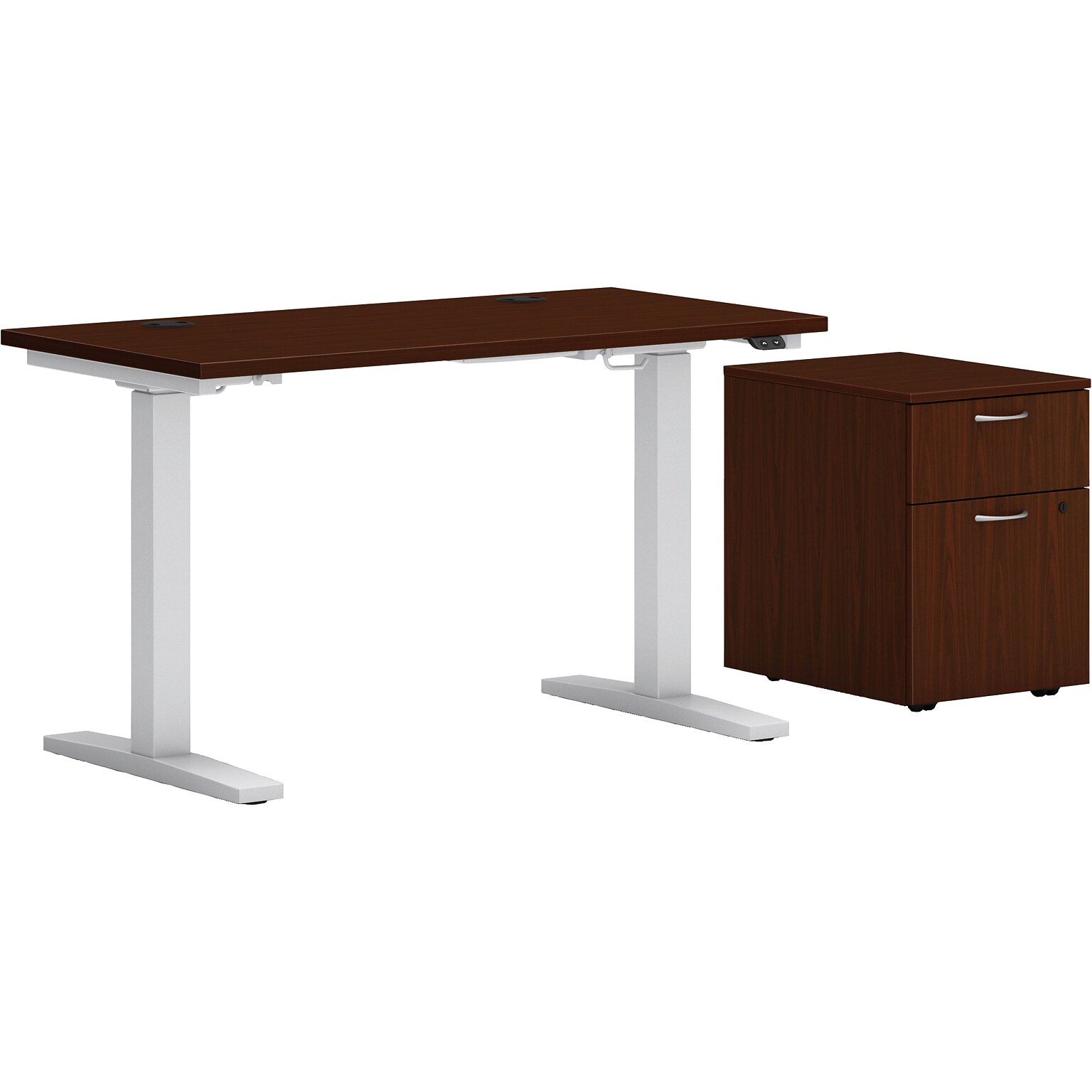 HON Mod 60W Adjustable Standing Desk with Mobile Storage, Traditional Mahogany (HLPLRW6024CHATBFTM1)