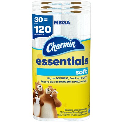 Charmin Essentials Soft Toilet Paper, 2-Ply, White, 330 Sheets/Roll, 10 Rolls/Pack, 3 Packs/Carton (