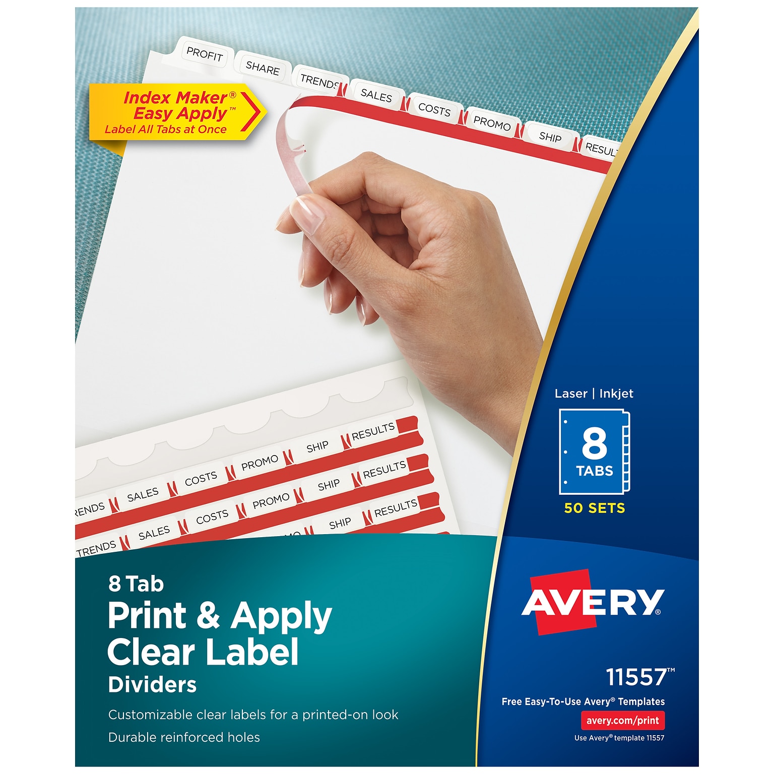 Avery Index Maker Paper Dividers with Print & Apply Label Sheets, 8 Tabs, White, 50 Sets/Pack (11557)