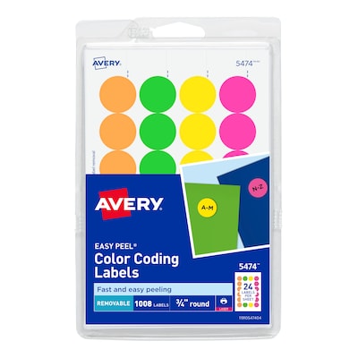 Avery Easy Peel Laser Color Coding Labels, 3/4 Dia., Assorted Colors, 1008 Labels Per Pack (5474)