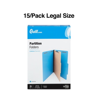 Quill Brand® 2/5-Cut Tab Pressboard Classification File Folders, 1-Partition, 4-Fasteners, Legal, Blue, 15/Box (747026)