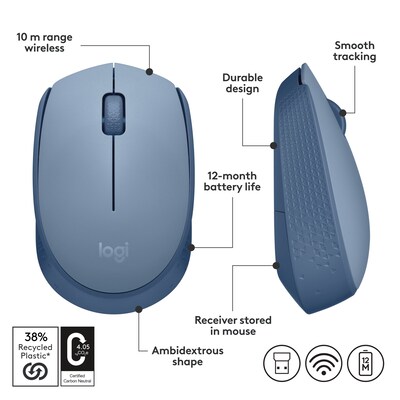 Logitech M170 Wireless Ambidextrous Optical Mouse, Blue/Gray (910-006863)