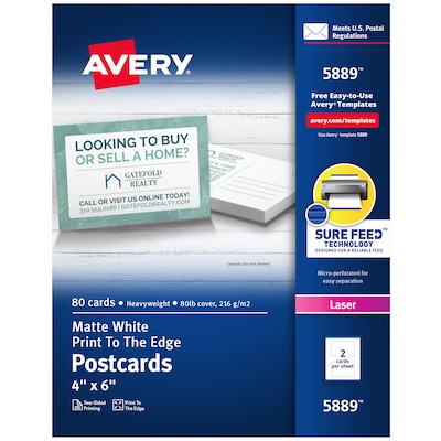 Avery Postcards, Matte White, Print to the Edge, 4 x 6, Laser, 80/Pack (05889)