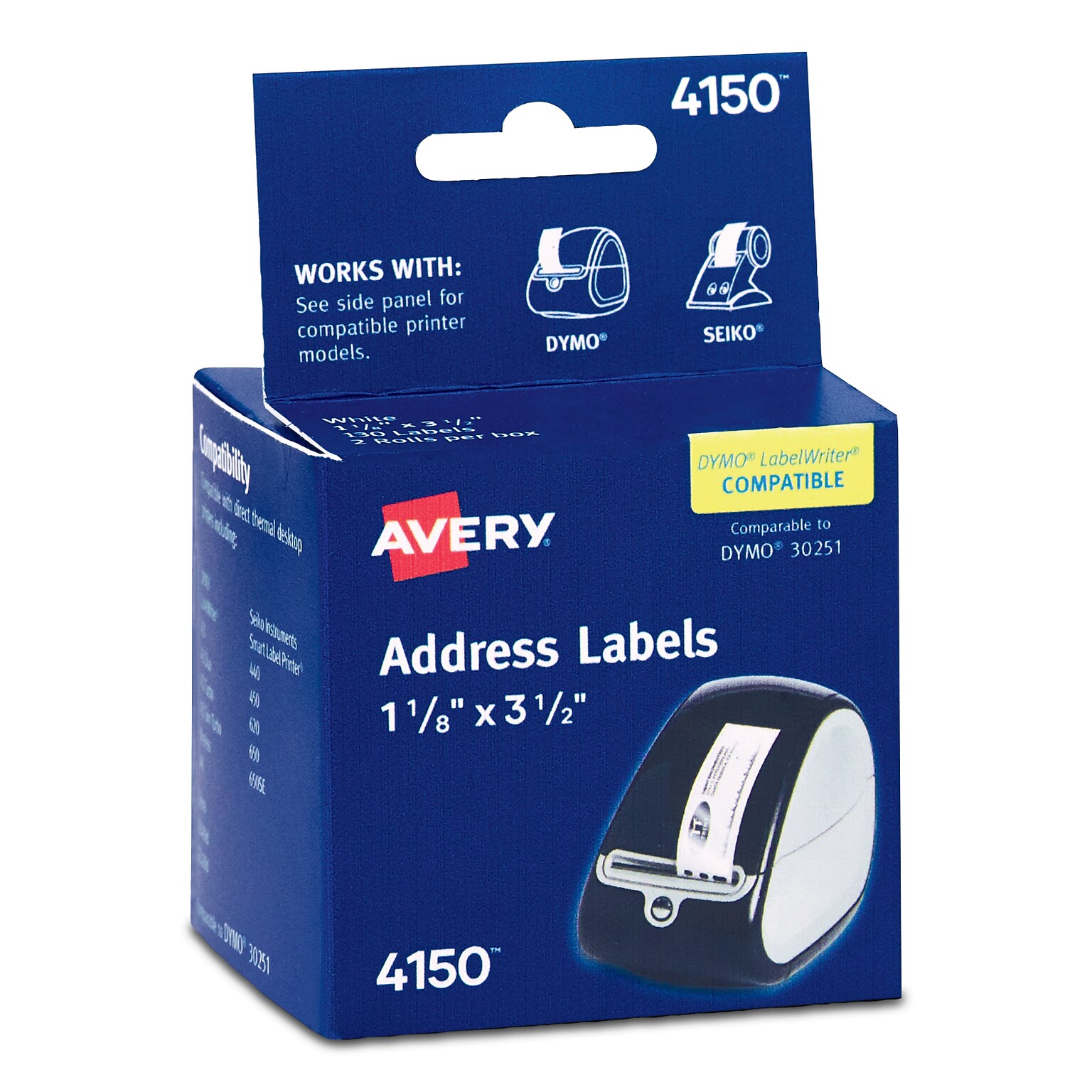 Avery Direct Thermal Roll Address Labels, 1-1/8 x 3-1/2, White, 130 Labels/Roll, 2 Rolls/Box, 260 Labels/Box (4150)
