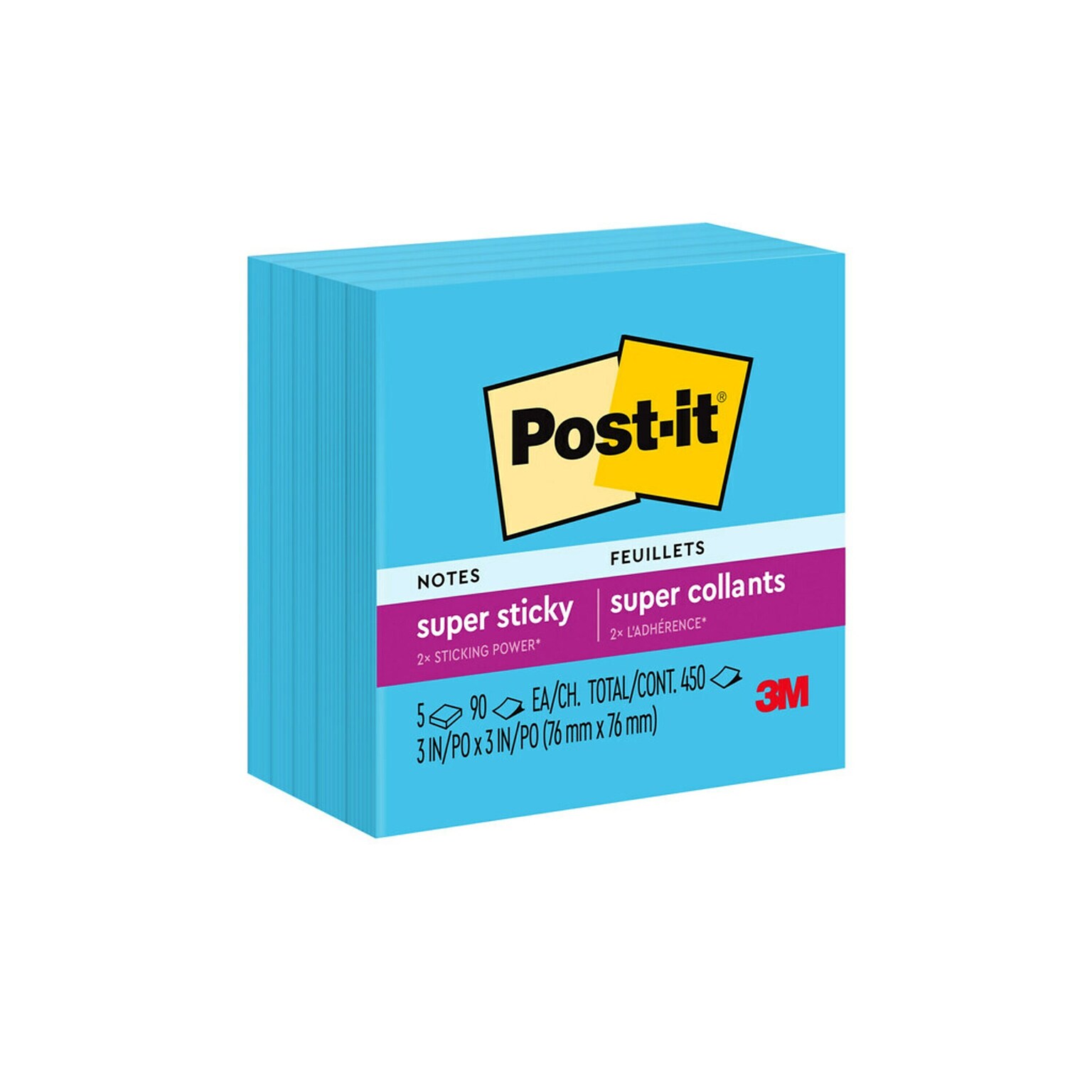 Post-it Super Sticky Notes, 3 x 3, Blue Paradise, 90 Sheet/Pad, 5 Pads/Pack (654-5SSBE)