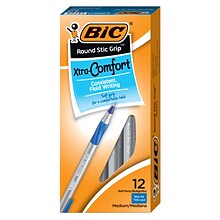 BIC Round Stic Grip Xtra Comfort Ballpoint Pens, Medium Point, Blue Ink, 12/Pack (GSMG11BE)