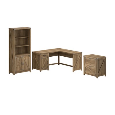 Bush Furniture Knoxville 60"W L Shaped Desk with Lateral File Cabinet and 5 Shelf Bookcase, Reclaimed Pine (CGR005RCP)