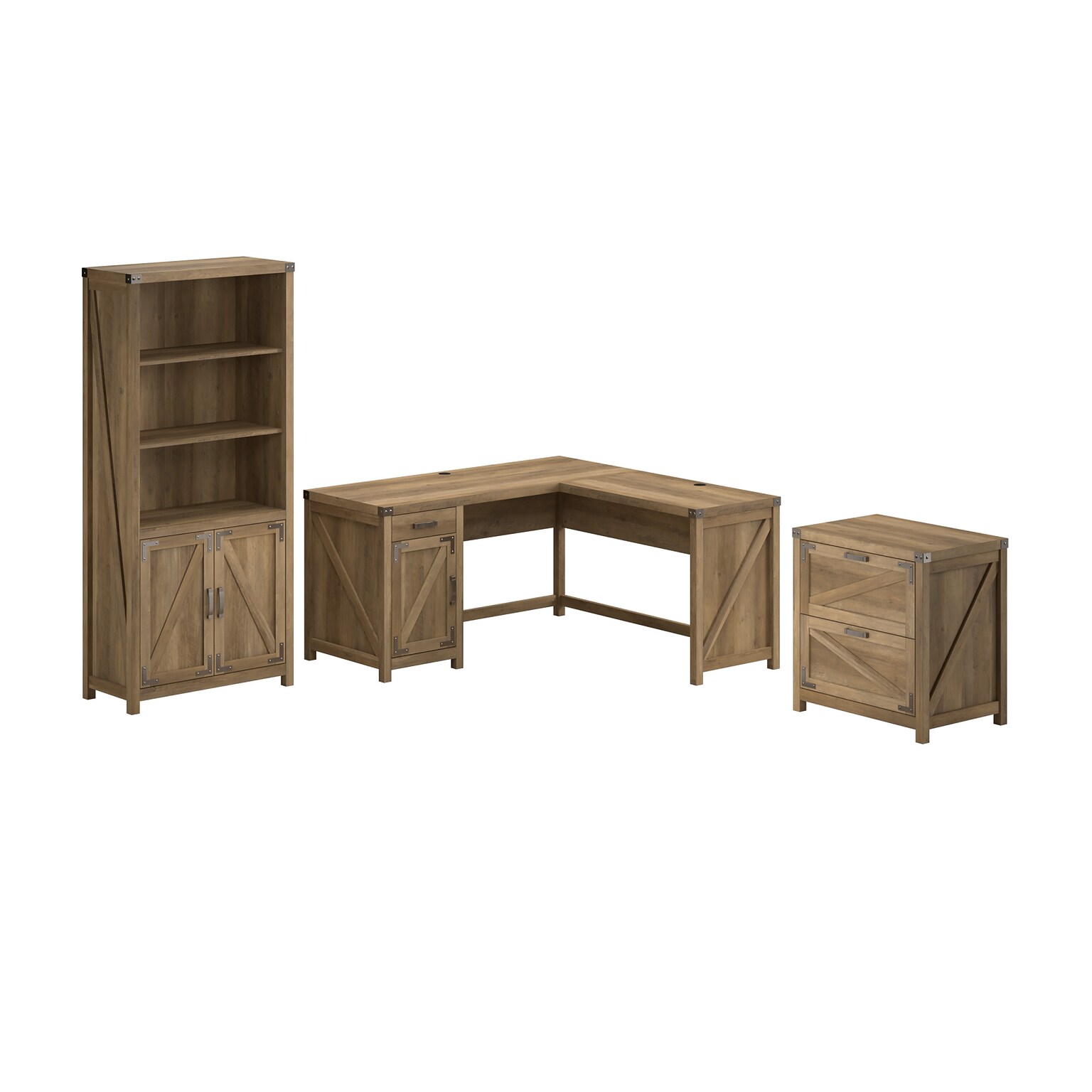 Bush Furniture Knoxville 60W L Shaped Desk with Lateral File Cabinet and 5 Shelf Bookcase, Reclaimed Pine (CGR005RCP)