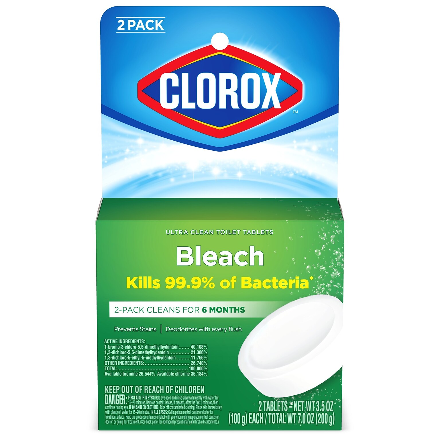 Clorox Ultra Clean Toilet Tablets Bleach, 3.5 oz., 2/Pack, 6 Packs/Carton (30024CT)
