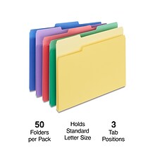 Quill Brand® Heavy-Duty File Folders, Assorted Tabs, 1/3-Cut, Letter Size, Assorted Colors, 50/Box (