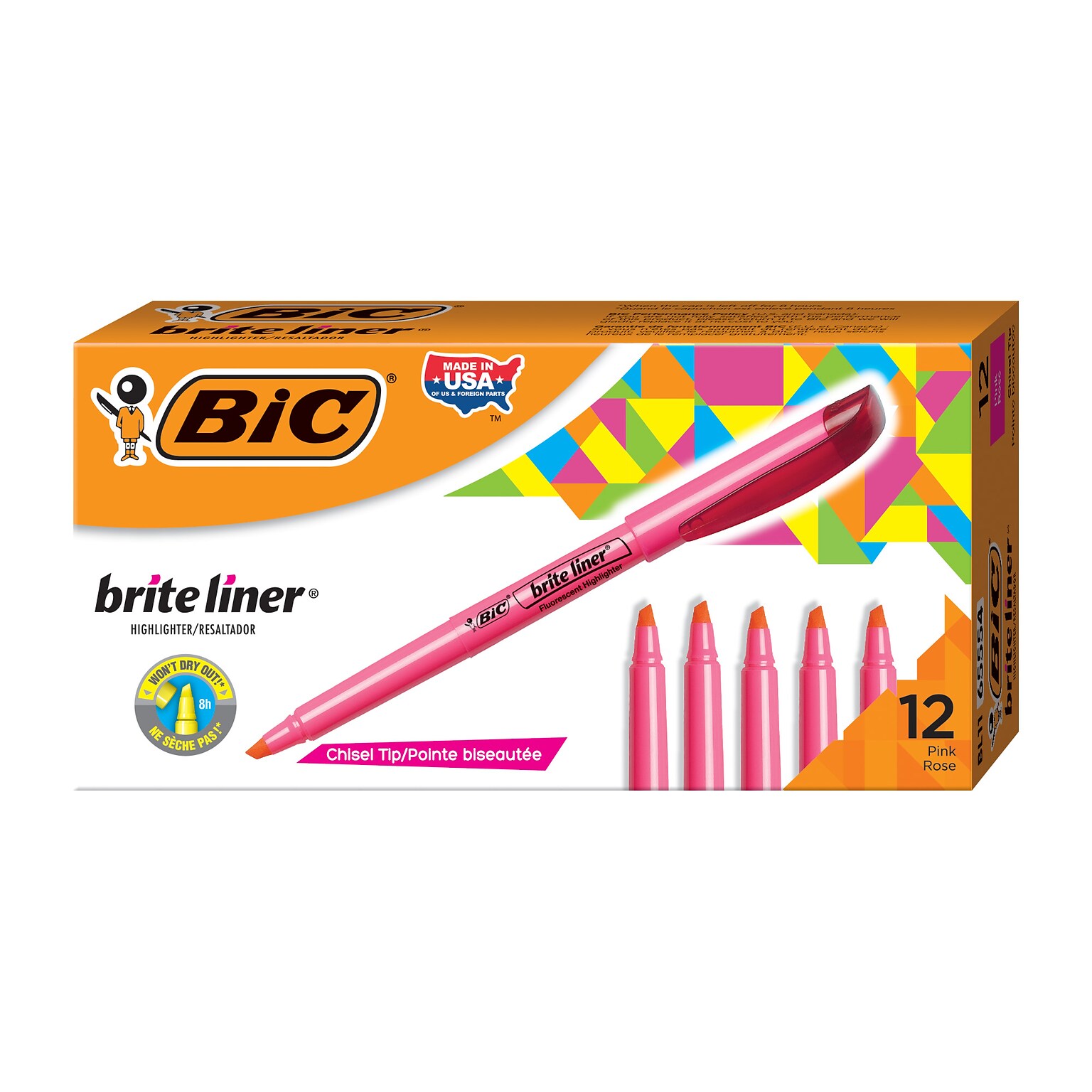 BIC Brite Liner Stick Highlighter, Chisel Tip, Pink, Dozen (65554/BL11PL)