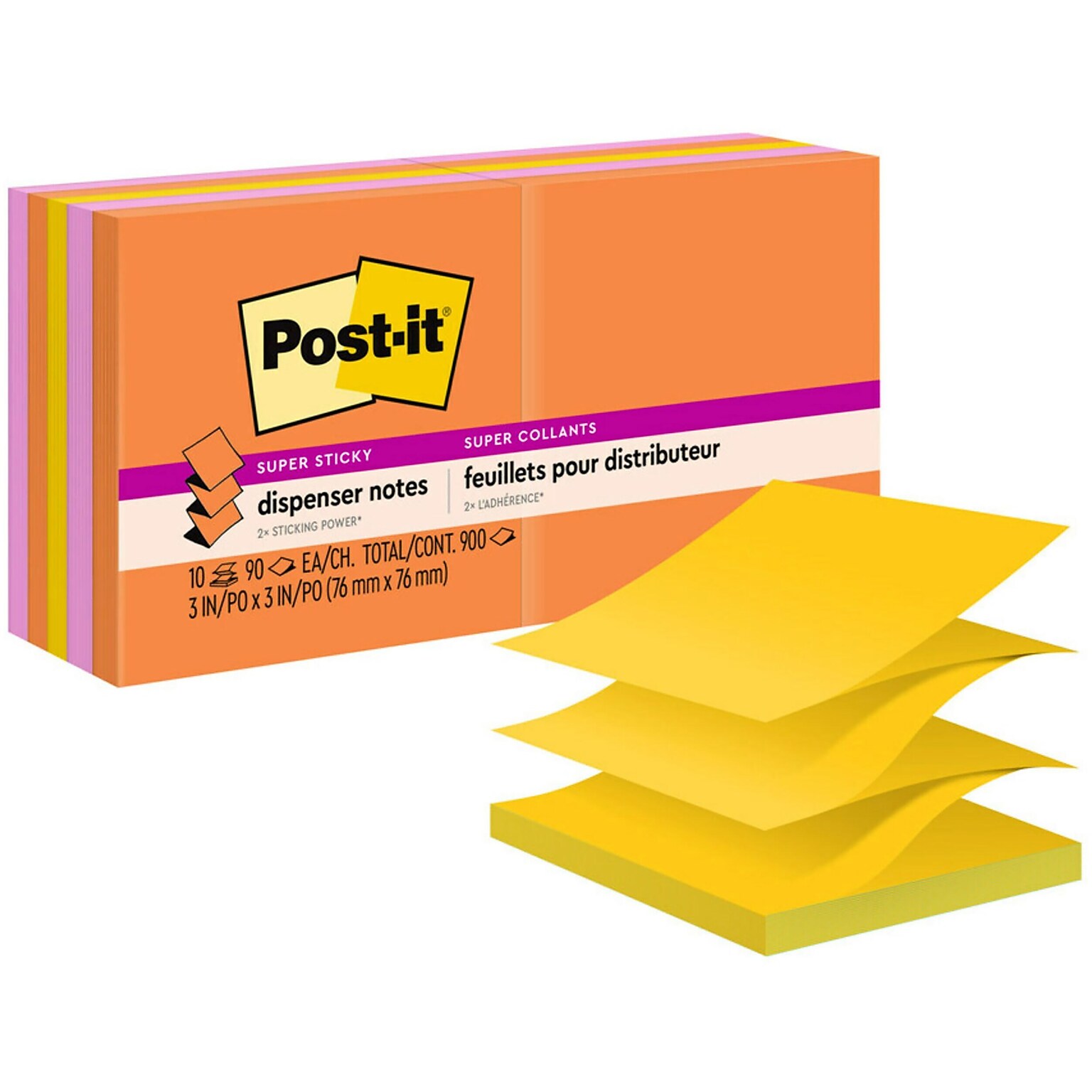 Post-it Super Sticky Pop-up Notes, 3 x 3, Energy Boost Collection, 90 Sheet/Pad, 10 Pads/Pack (R33010SSAU)