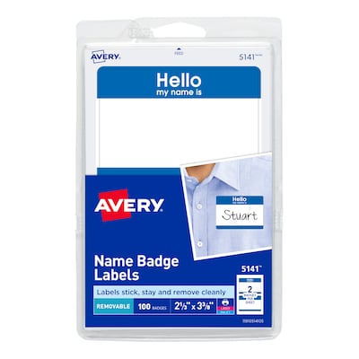 Avery Hello My Name Is Name Badge Labels, 2 1/3 x 3 3/8, White w/ Blue Hello, 100 Labels Per Pac