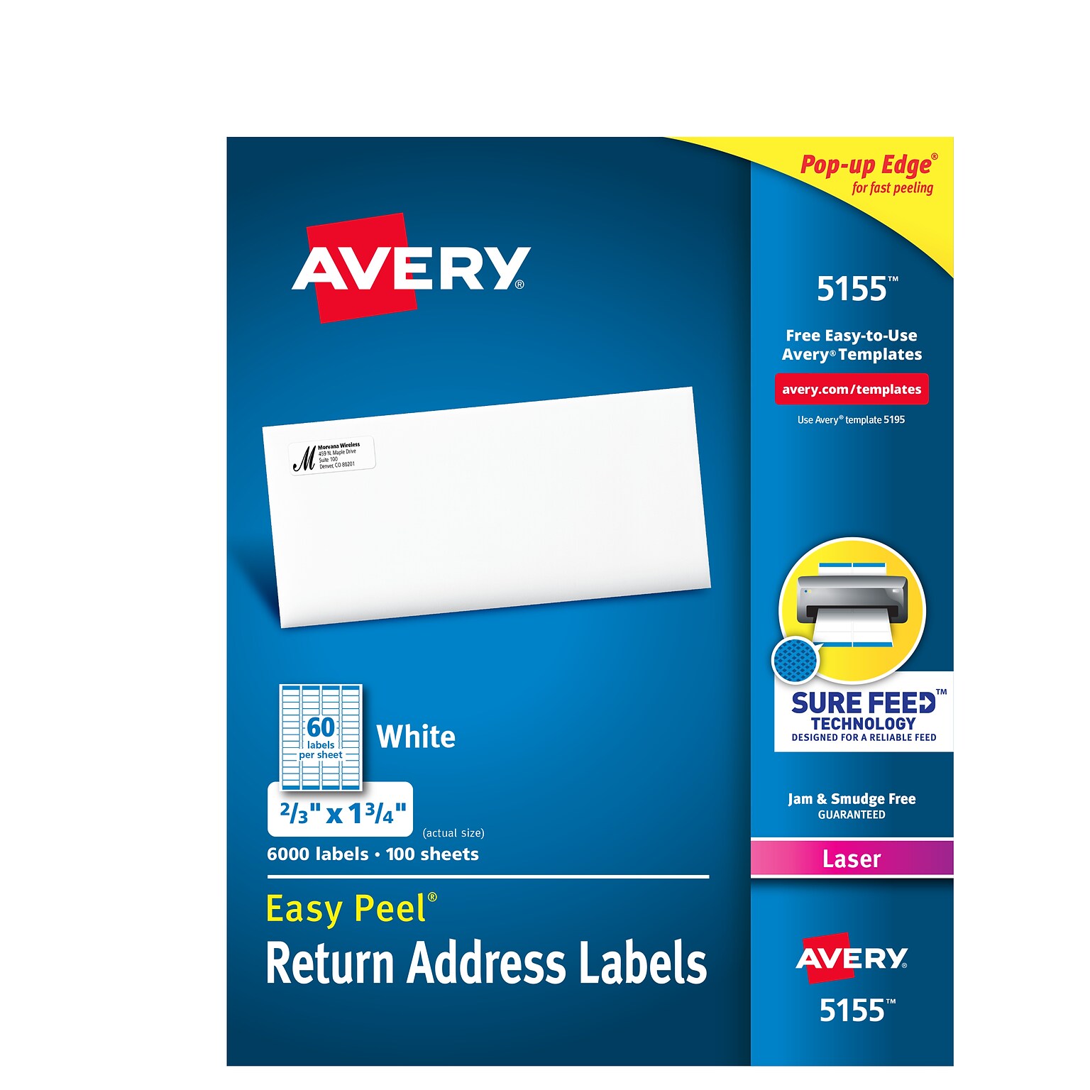 Avery Easy Peel Laser Return Address Labels, 2/3 x 1-3/4, White, 60 Labels/Sheet, 100 Sheets/Pack (5155)