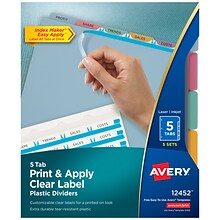 Avery Index Maker Plastic Dividers with Print & Apply Label Sheets, 5 Tabs, Multicolor, 5 Sets/Pack