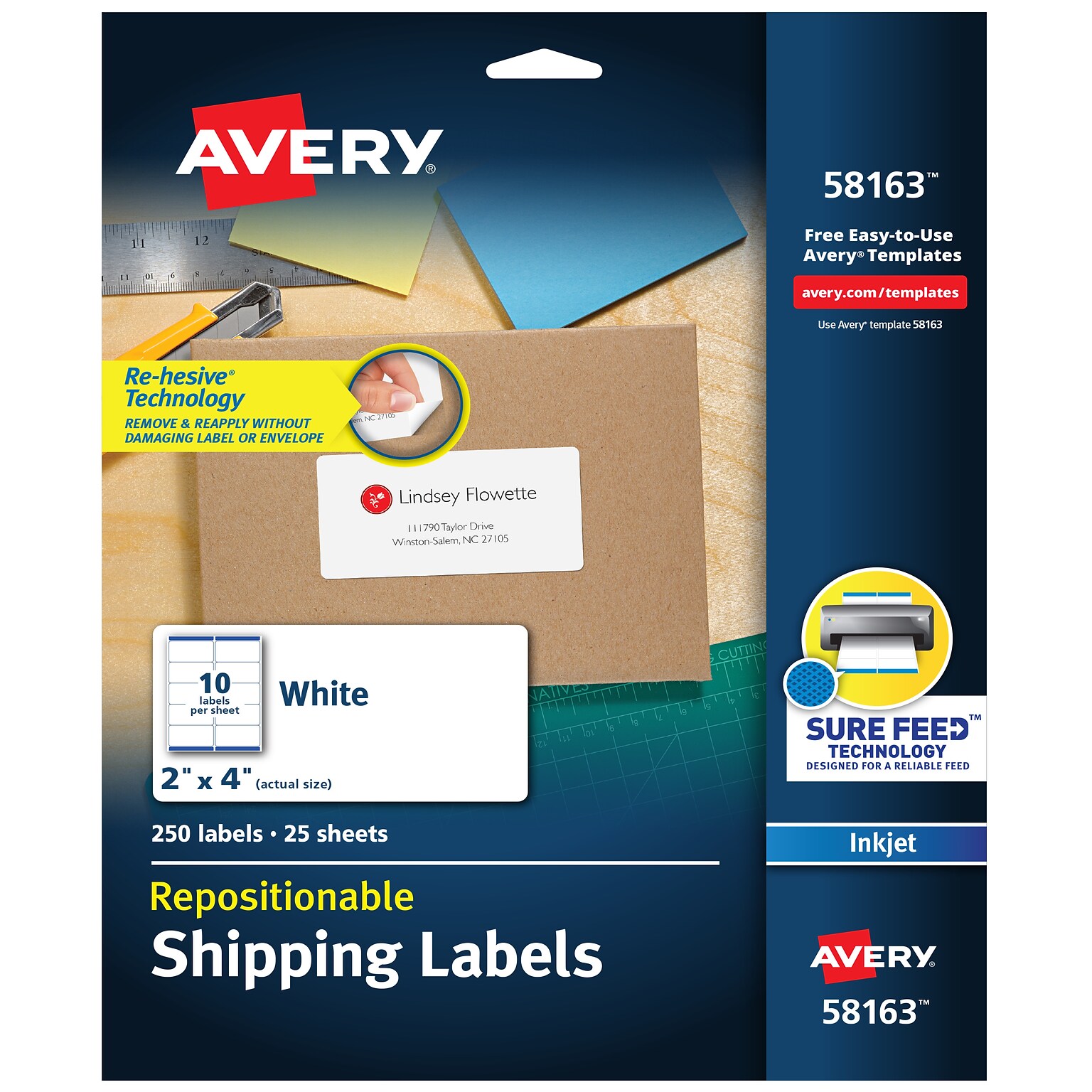 Avery Repositionable Inkjet Shipping Labels, 2 x 4, White, 10 Labels/Sheet, 25 Sheets/Box (58163)