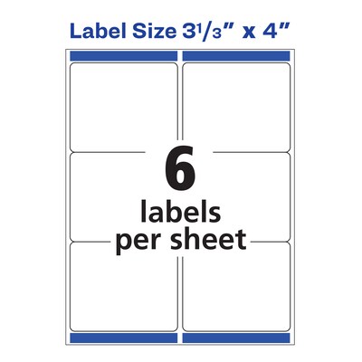 Avery Sure Feed Inkjet Shipping Labels, 3-1/3" x 4", White, 6 Labels/Sheet, 20 Sheets/Pack, 120 Labels/Pack (8254)