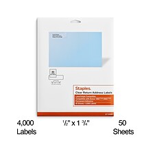 Staples® Laser/Inkjet Address Labels, 1/2 x 1 3/4, Clear, 80 Labels/Sheet, 50 Sheets/Pack, 4000 La