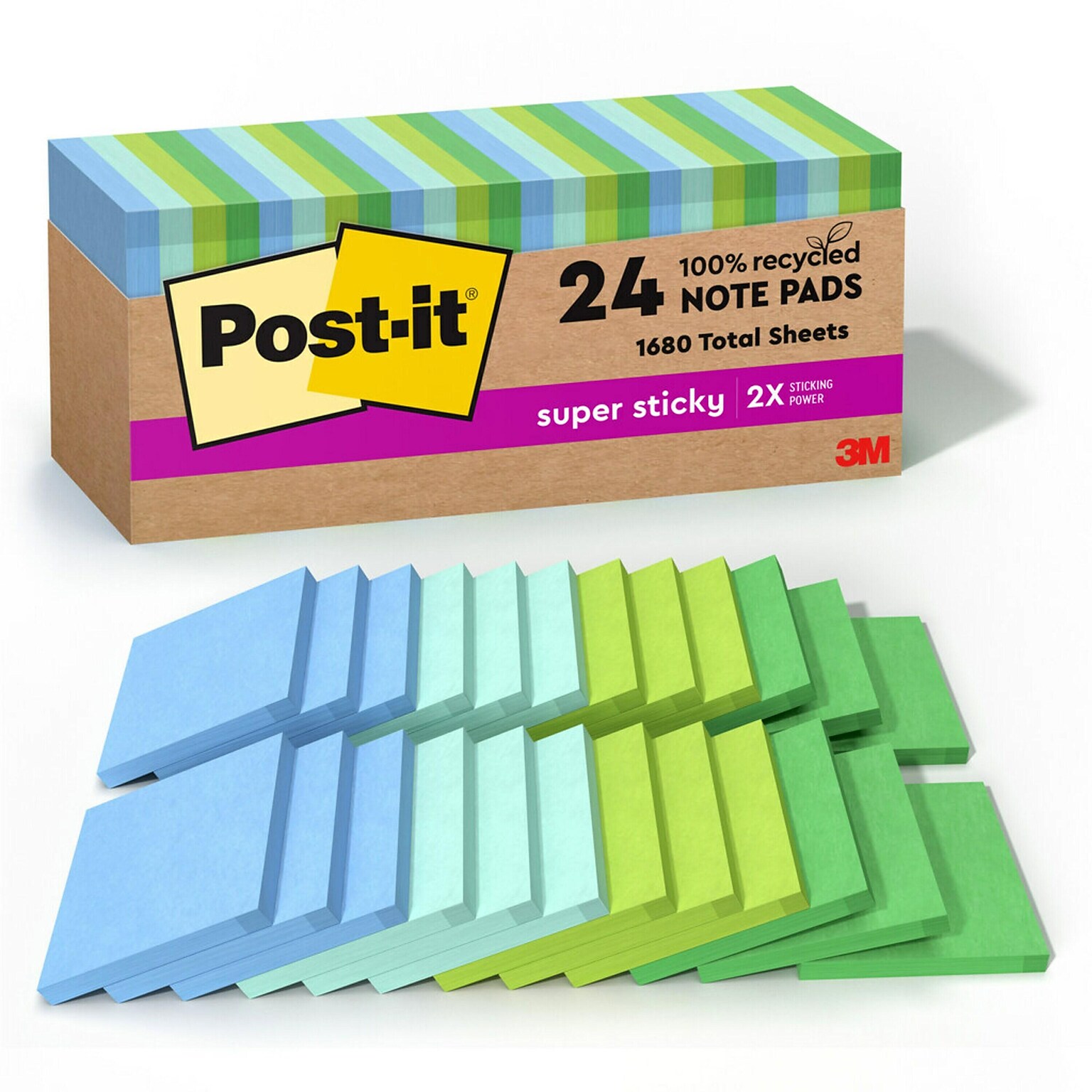 Post-it Recycled Super Sticky Notes, 3 x 3, Oasis Collection, 70 Sheet/Pad, 24 Pads/Pack (654R-24SST-CP)