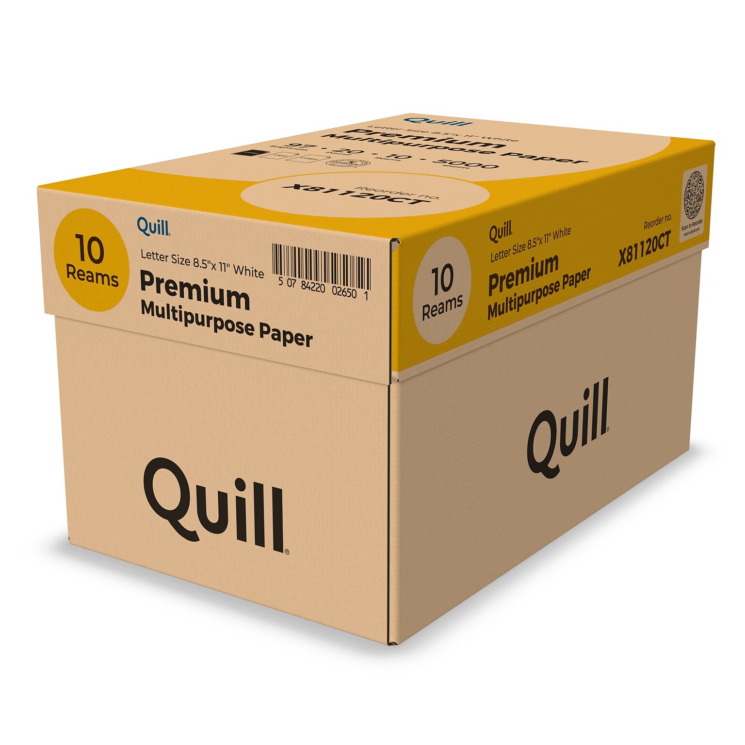 Quill Brand® 8.5 x 11 Premium Multipurpose Paper, 20 lbs., 97 Brightness, 500 Sheets/Ream, 10 Reams/Carton (X81120CT)