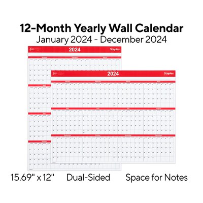 2024 Staples 15.69 x 12 Dry Erase Wall Calendar, Red/White (ST53905-24)