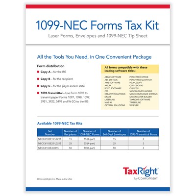 TaxRight™ 2023 1099-NEC Tax Form Kit with Envelopes, 4-Part, 15/Pack (NECSC6103E15)
