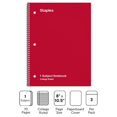 Staples 1-Subject Notebook, 8 x 10.5, College Ruled, 70 Sheets, Assorted Colors, 3/Pack (ST58375)