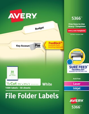 Avery TrueBlock Laser/Inkjet File Folder Labels, 2/3 x 3 7/16, White, 1500 Labels Per Pack (5366)