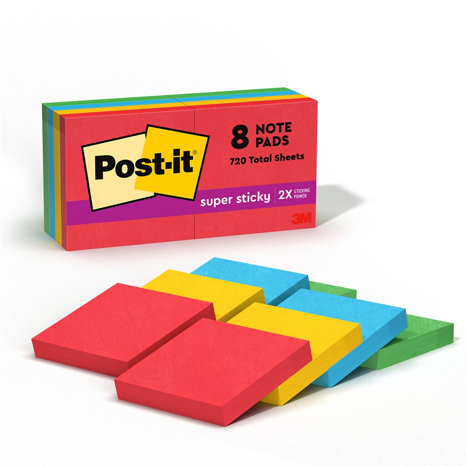 Post-it Super Sticky Notes, 2 x 2, Playful Primaries Collection, 90 Sheet/Pad, 8 Pads/Pack (6228SSAN)