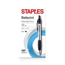 Staples® Retractable Ballpoint Pens, Fine Point, 0.7mm, Black Ink, Dozen (50786)