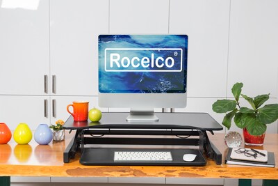 Rocelco 32" Height Adjustable Standing Desk Converter with Anti Fatigue Mat, Sit Stand Up Laptop Riser, Black (R ADRB-MAFM)