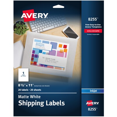 Avery Inkjet Shipping Labels, 8-1/2 x 11, White, 1 Label/Sheet, 20 Sheets/Pack, 20 Labels/Pack (82