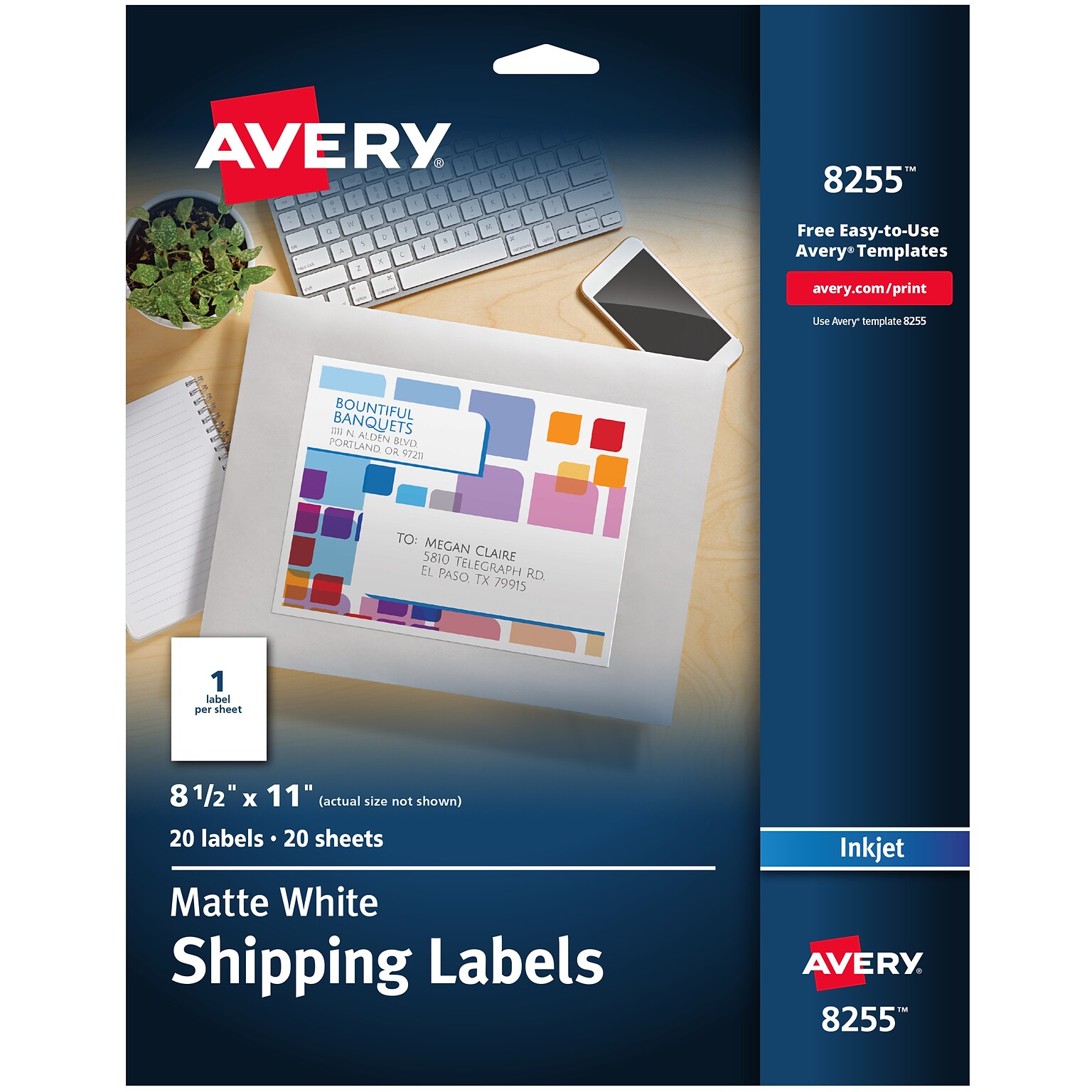 Avery Inkjet Shipping Labels, 8-1/2 x 11, White, 1 Label/Sheet, 20 Sheets/Pack, 20 Labels/Pack (8255)
