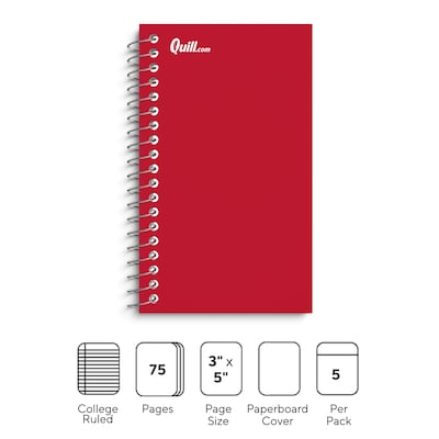 Quill Brand® Memo Books, 3 x 5, College Ruled, Assorted Colors, 75 Sheets/Pad, 5 Pads/Pack (TR1149