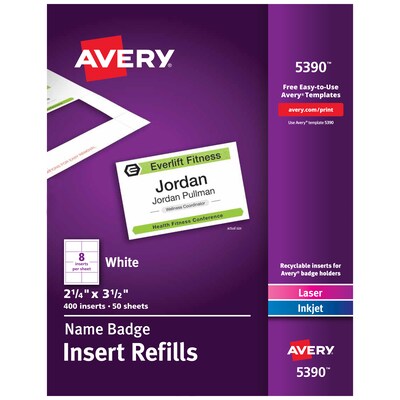 Avery Printable Laser/Inkjet Name Badge Insert Refills, 2 1/4 x 3 1/2, White, 400 Inserts Per Box