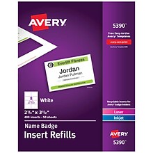 Avery Printable Laser/Inkjet Name Badge Insert Refills, 2 1/4 x 3 1/2, White, 400 Inserts Per Box