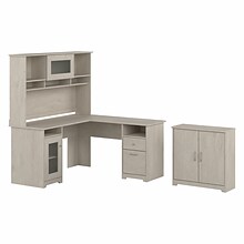Bush Furniture Cabot 60 L-Shaped Desk with Hutch and Small Storage Cabinet, Linen White Oak (CAB016