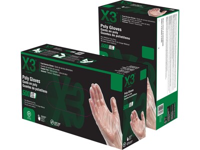 Ammex X3 Poly Gloves, Medium, Clear, 500/Box (PGLOVE-M-500)