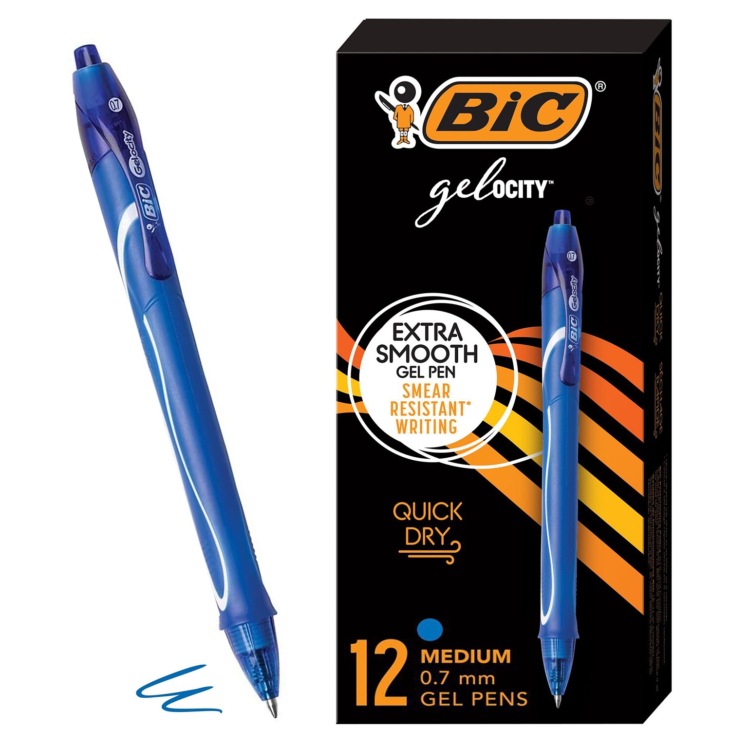 BIC Gel-ocity Quick Dry Retractable Gel Pen, Medium Point, 0.7 mm, Blue Ink, 12/Pack (RGLCG11-BLU)