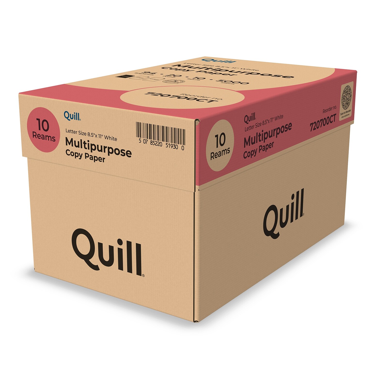 Quill Brand® 8.5 x 11 Multipurpose Copy Paper, 20 lbs., 94 Brightness, 500 Sheets/Ream, 10 Reams/Carton (720700CT)