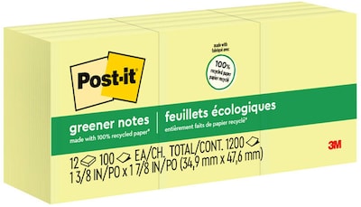 Post-it Recycled Notes, 1 3/8 x 1 7/8, Canary Collection, 100 Sheet/Pad, 12 Pads/Pack (653RPYW)