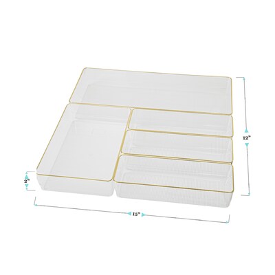 Martha Stewart Kerry Plastic Stackable Office Desk Drawer Organizer, Various Sizes, Clear/Gold, 5/Set (BEPB9085G5CGD)