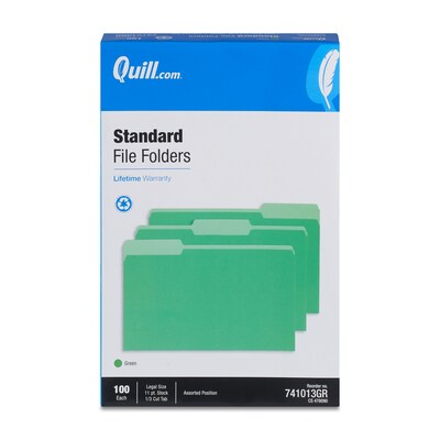 Quill Brand® File Folders, Assorted Tabs, 1/3-Cut, Legal, Green, 100/Box (741013GR)
