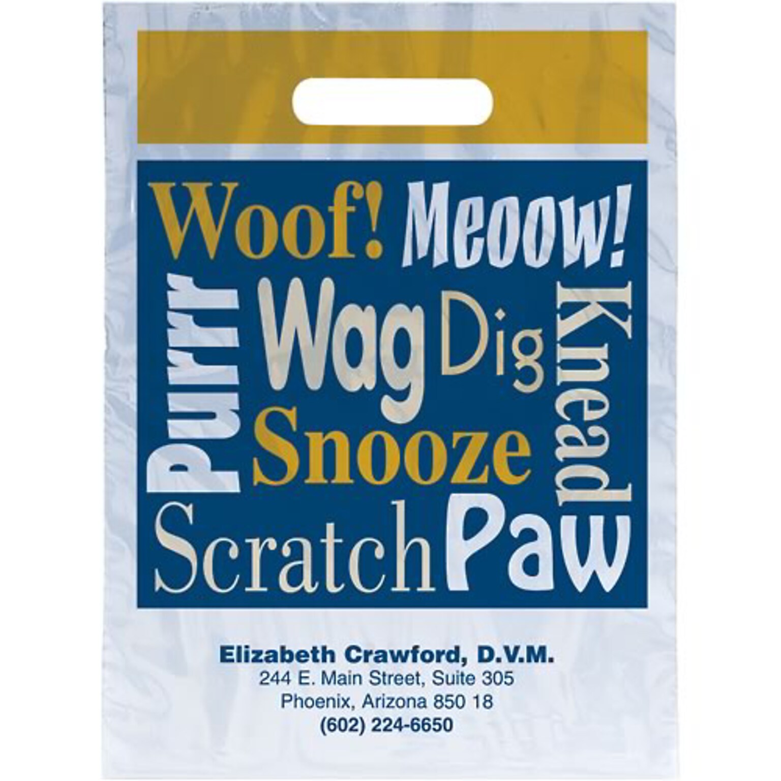 Medical Arts Press® Veterinary Personalized Large 2-Color Supply Bags; 9 x 13, Dog/Cat Words, Woof! Meow!, 100 Bags, (55771)