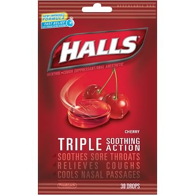 Halls® Cough Drops; Cherry, 30 Count, 12 Bags/Box (AMC62182)