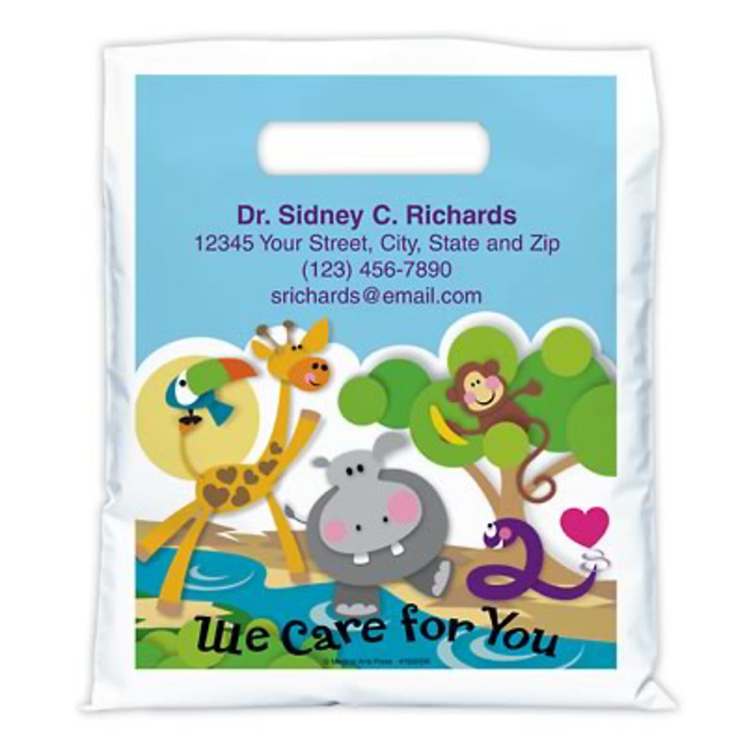 Medical Arts Press® Medical Personalized Full-Color Bags;7-1/2x9, Hippo Giraffe Monkey, 100 Bags, (41629)
