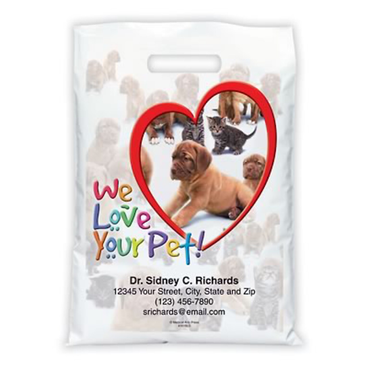 Medical Arts Press® Veterinary Personalized Full-Color Bags; 9x13, Heart Dogs Cats, 100 Bags, (41618)